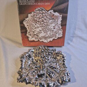 Silver Plate Candy Dish Grape Cluster & Leaf Design 7"×7"